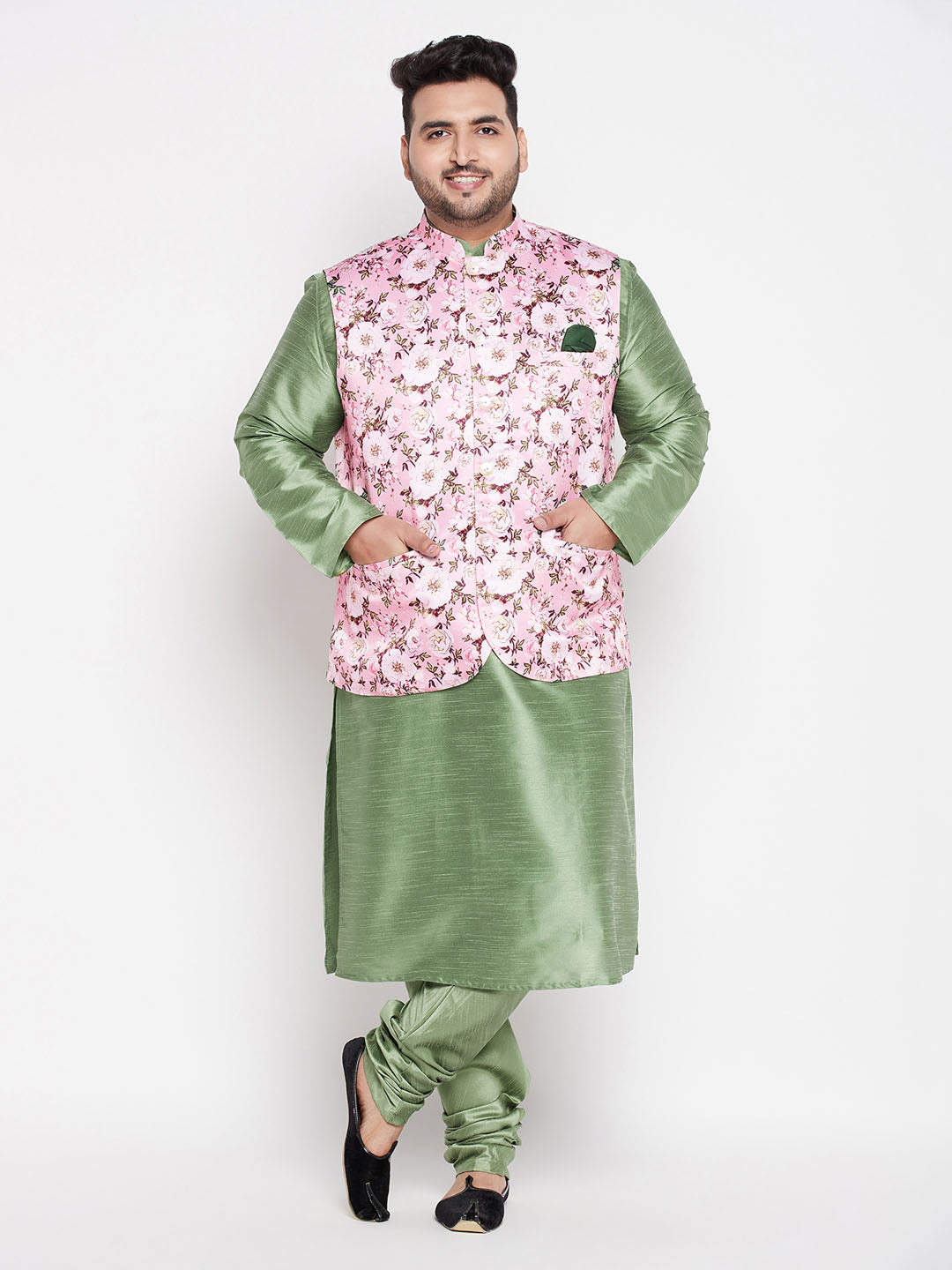 VASTRAMAY Men's Plus Size Pink Floral printed Jacket With Mint Green Solid Kurta Pyjama Set