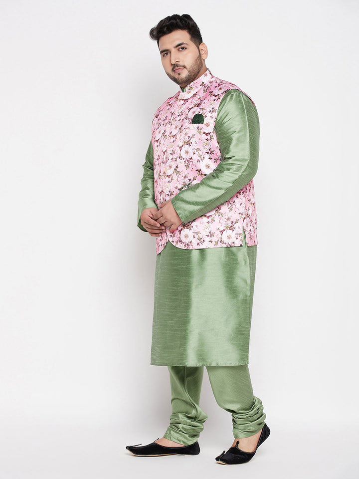 VASTRAMAY Men's Plus Size Pink Floral printed Jacket With Mint Green Solid Kurta Pyjama Set