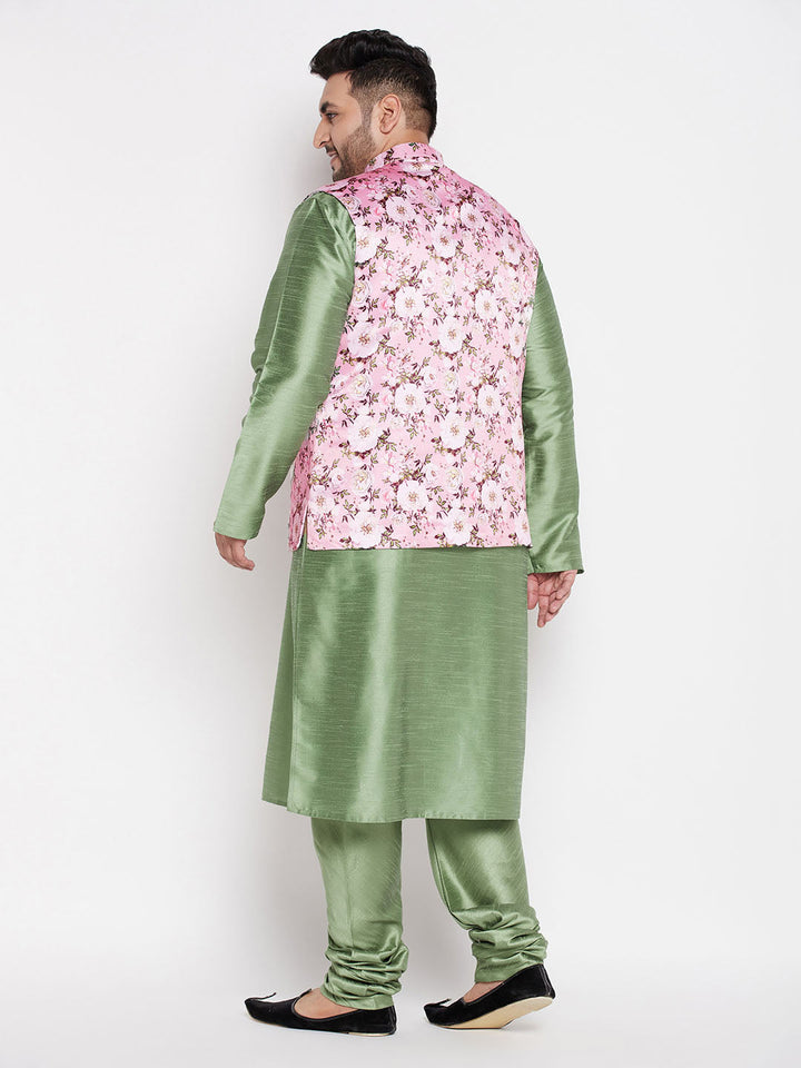 VASTRAMAY Men's Plus Size Pink Floral printed Jacket With Mint Green Solid Kurta Pyjama Set