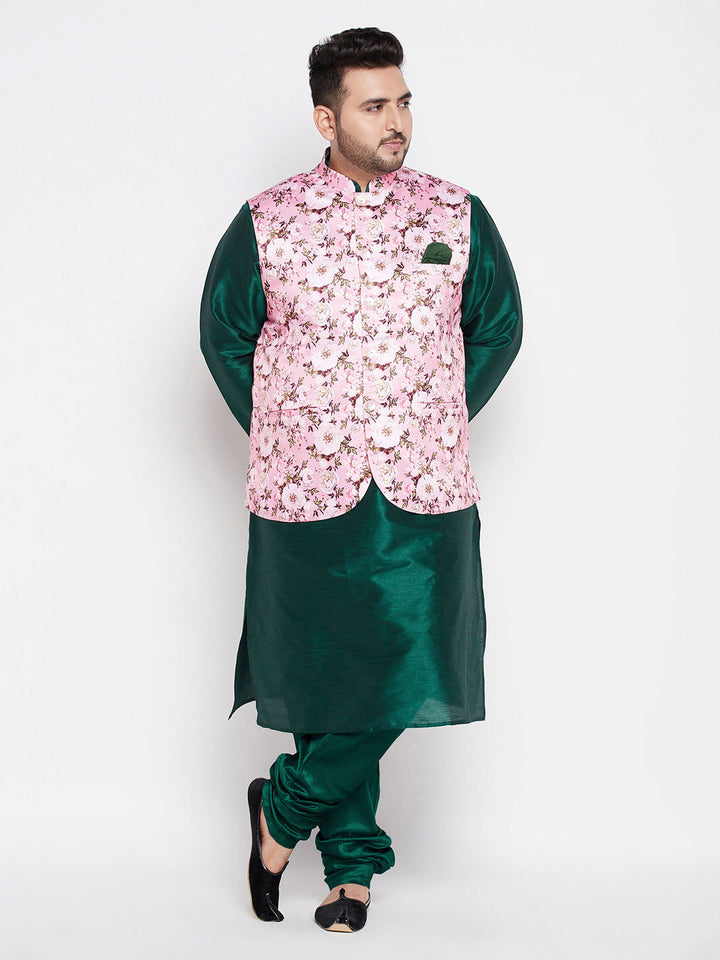 VASTRAMAY Men's Plus Size Pink Floral printed Jacket With Green Solid Kurta Pyjama Set