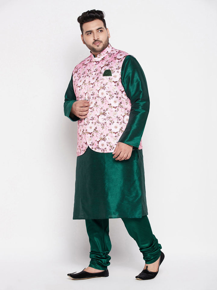 Men's Plus Size Pink Floral Printed Jacket With Green Solid Kurta Pyjama Set