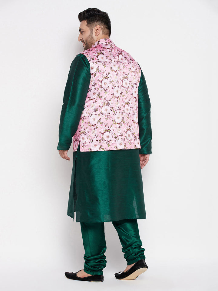 VASTRAMAY Men's Plus Size Pink Floral Printed Jacket with Green Solid Kurta Pyjama Set, perfect for traditional and celebratory occasions, available for purchase now