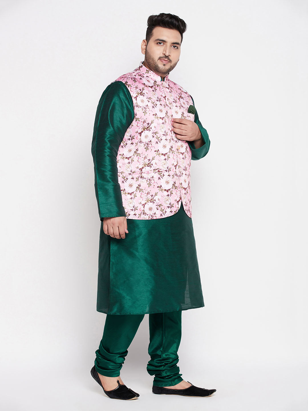 VASTRAMAY Men's Plus Size Pink Floral printed Jacket With Green Solid Kurta Pyjama Set