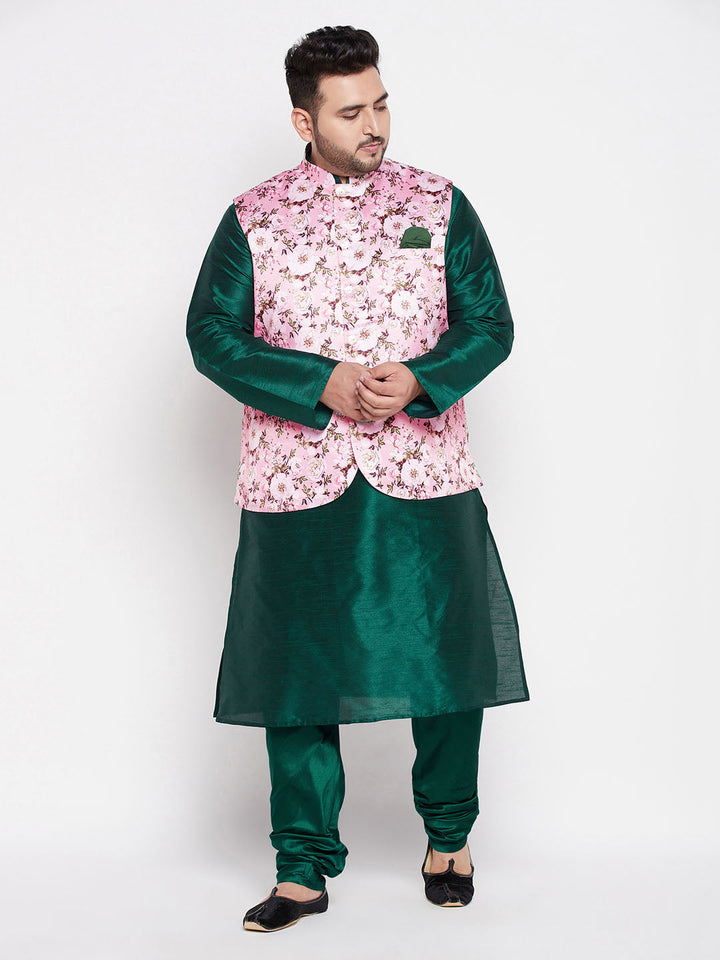 VASTRAMAY Men's Plus Size Pink Floral printed Jacket With Green Solid Kurta Pyjama Set