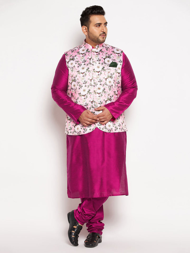 VASTRAMAY Men's Plus Size Pink Floral printed Jacket With Fuchsia Solid Kurta Pyjama Set