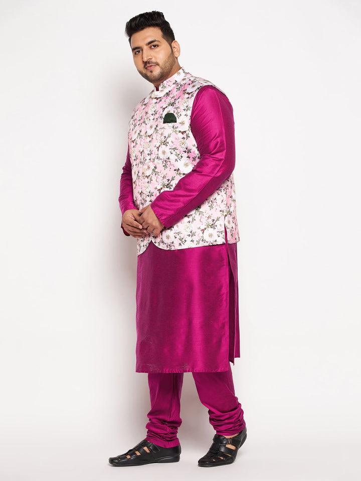 VASTRAMAY Men's Plus Size Pink Floral printed Jacket With Fuchsia Solid Kurta Pyjama Set outfit being worn by a tall man with a confident smile