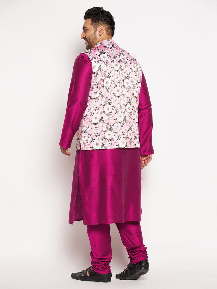 VASTRAMAY Men's Plus Size Pink Floral printed Jacket With Fuchsia Solid Kurta Pyjama Set