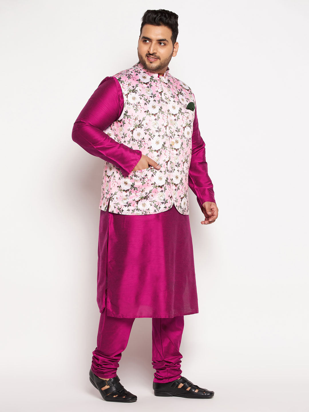 VASTRAMAY Men's Plus Size Pink Floral printed Jacket With Fuchsia Solid Kurta Pyjama Set - Stylish and comfortable ethnic wear for men