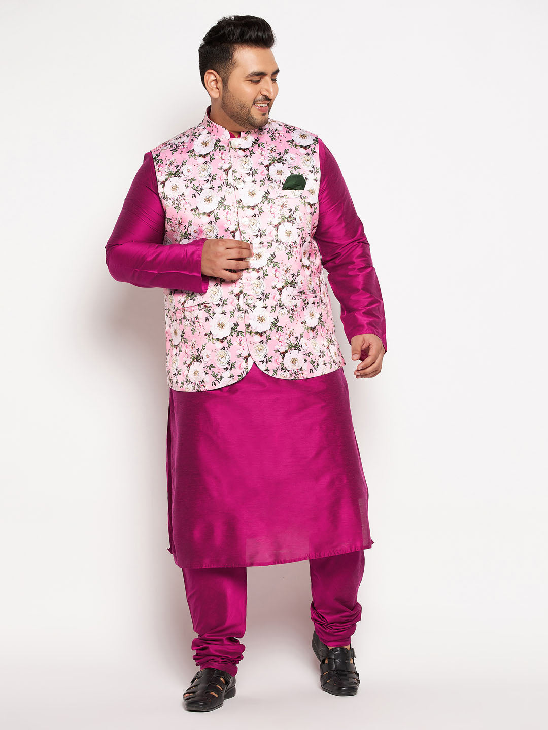 VASTRAMAY Men's Plus Size Pink Floral printed Jacket With Fuchsia Solid Kurta Pyjama Set - Stylish and comfortable men's ethnic wear ensemble