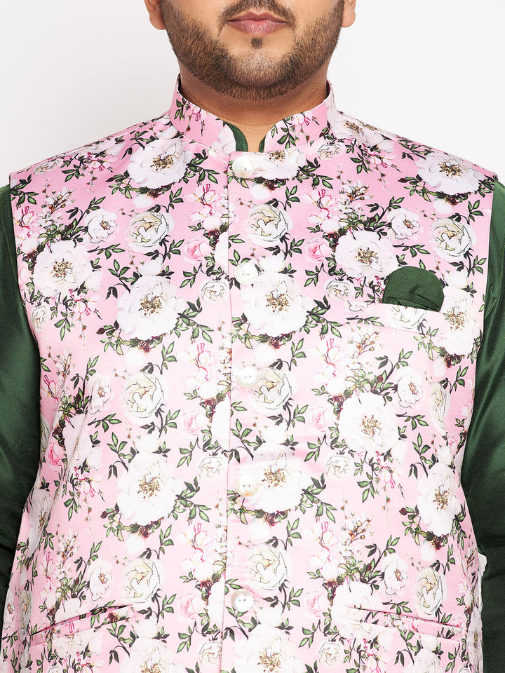 VASTRAMAY Men's Plus Size Pink Floral printed Jacket With Viscose Green Solid Kurta Pyjama Set