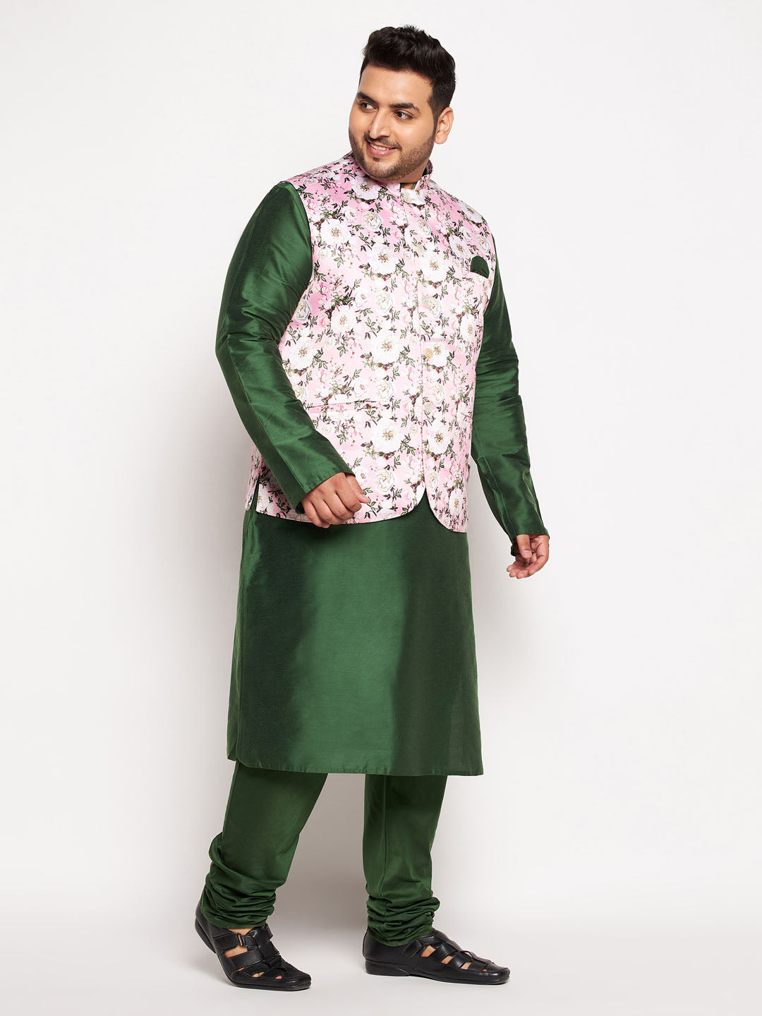 VASTRAMAY Men's Plus Size Pink Floral printed Jacket With Viscose Green Solid Kurta Pyjama Set