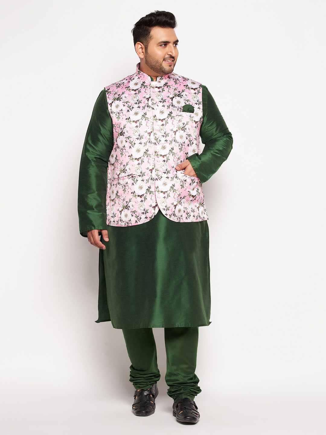 VASTRAMAY Men's Plus Size Pink Floral printed Jacket With Viscose Green Solid Kurta Pyjama Set