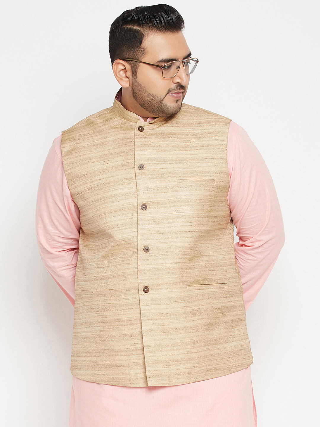 VASTRAMAY Men's Plus Size Beige Nehru Jacket