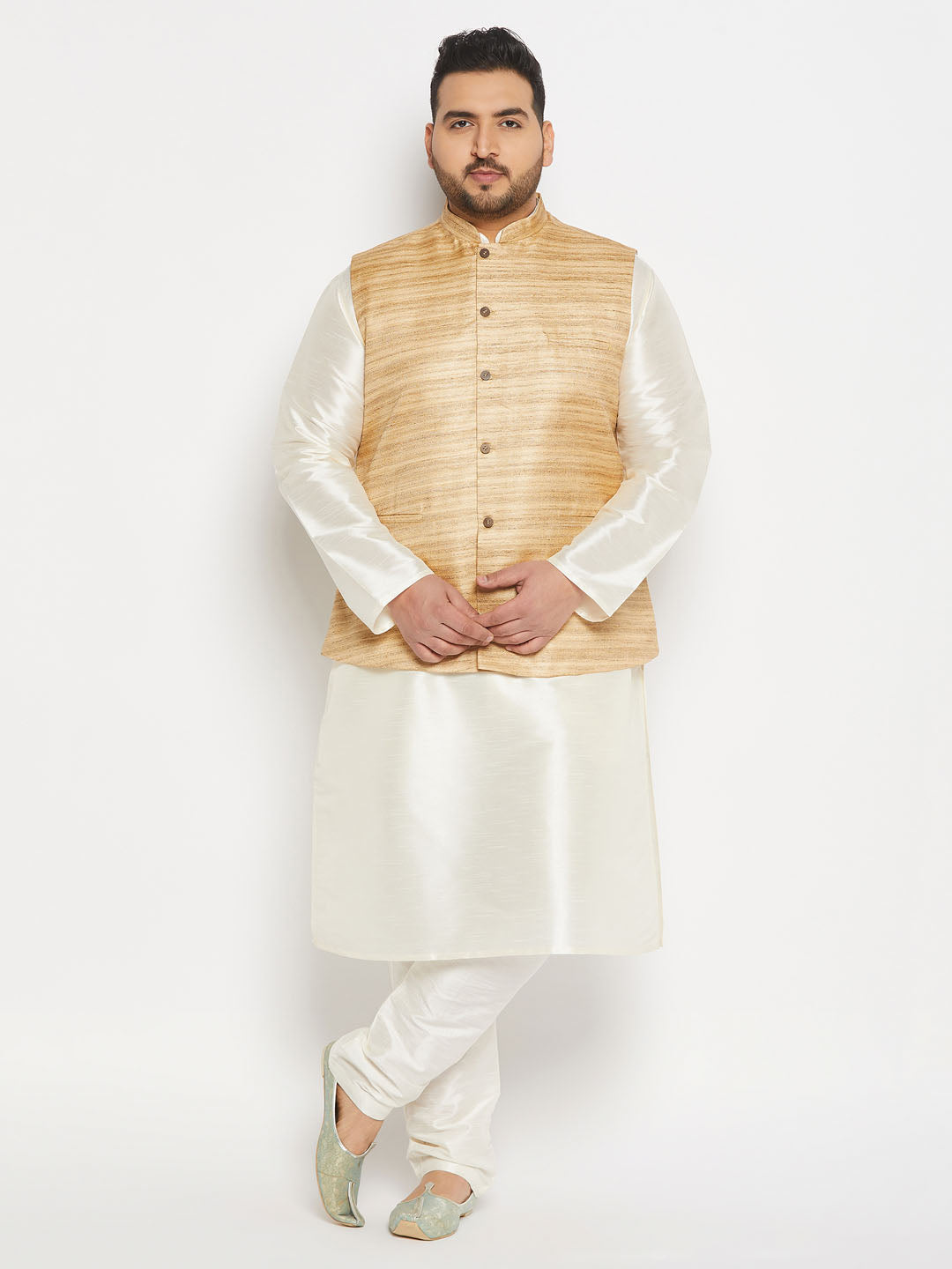 Beige Matka silk Nehru jacket paired with cream silk blend kurta and pant style pyjama