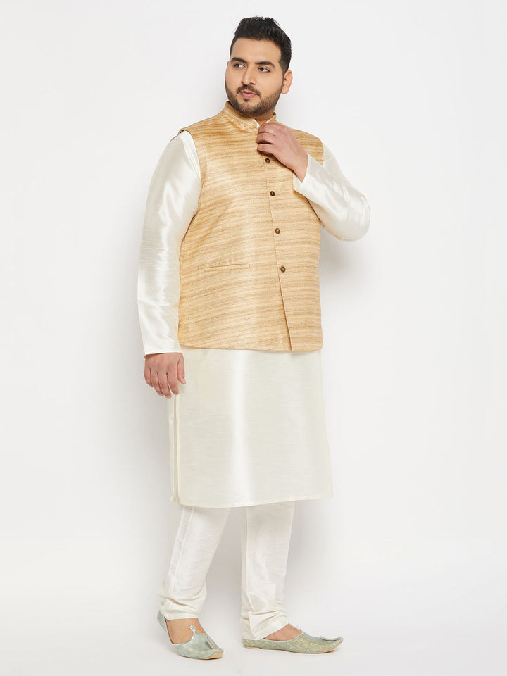 Beige Matka Silk Nehru Jacket with cream silk blend kurta