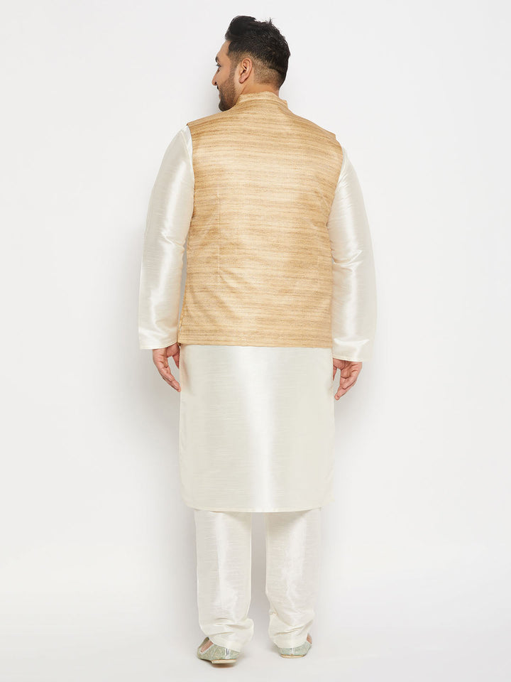 Men's plus size beige Matka silk Nehru jacket with cream silk blend kurta and pant style pyjama set