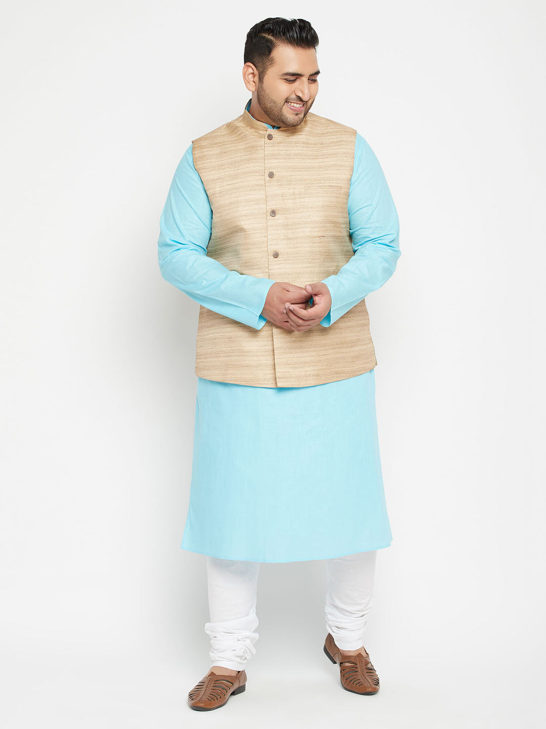 VASTRAMAY Men's Plus Size Aqua and Beige Cotton Blend Jacket Kurta Pyjama Set