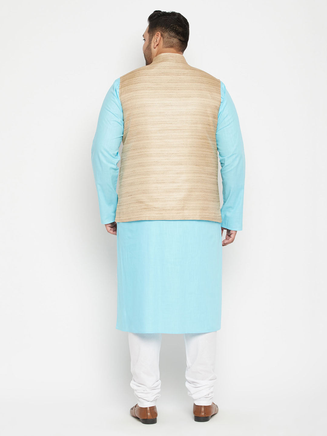 VASTRAMAY Men's Plus Size Aqua and Beige Cotton Blend Jacket Kurta Pyjama Set