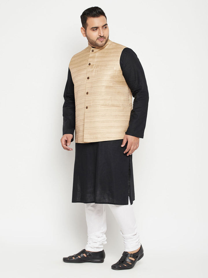 VASTRAMAY Men's Plus Size Black and Beige Cotton Blend Jacket Kurta Pyjama Set