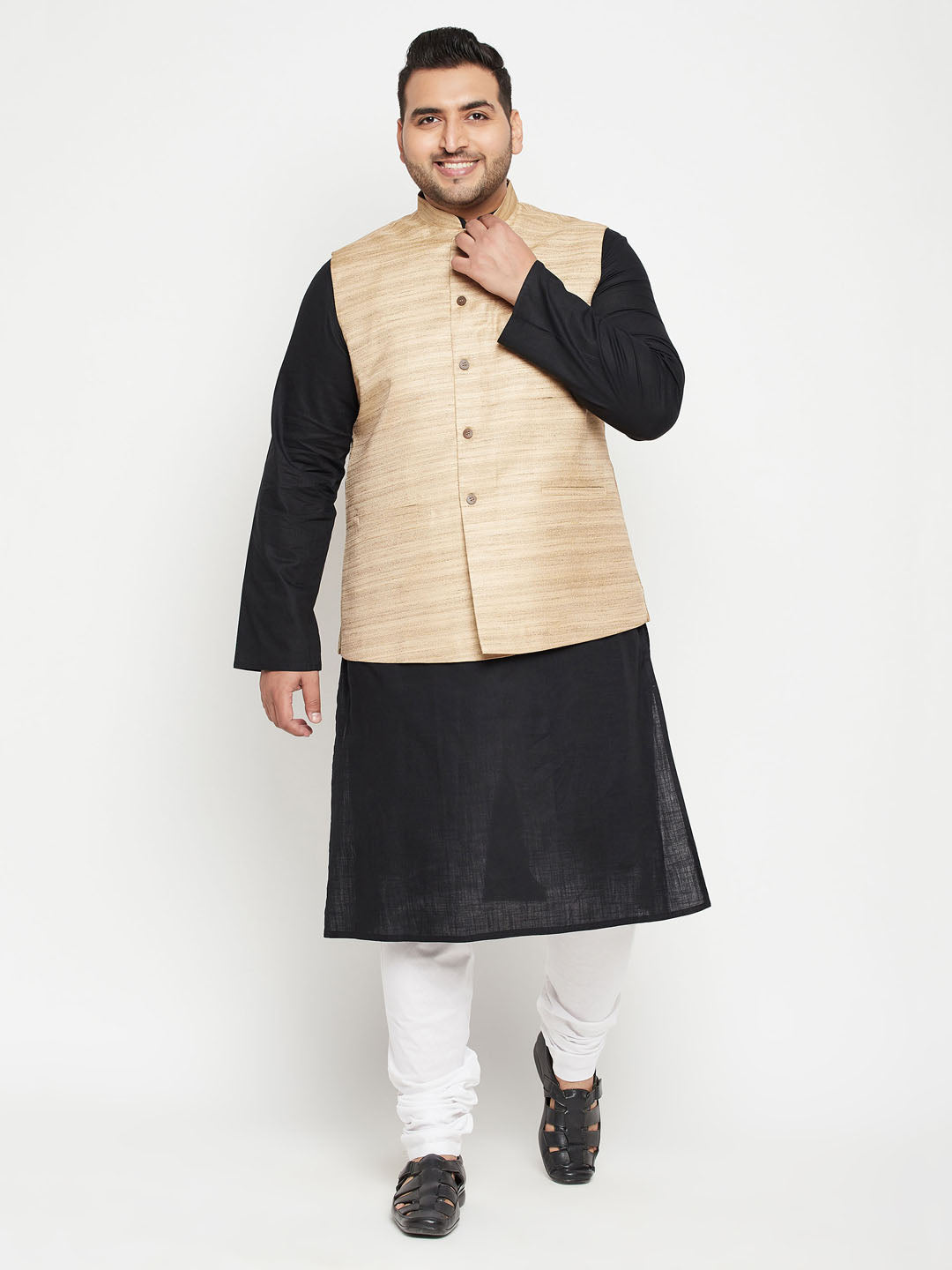 VASTRAMAY Men's Plus Size Black and Beige Cotton Blend Jacket Kurta Pyjama Set - Traditional Indian clothing for men, featuring a stylish black and beige cotton blend jacket, kurta, and pyjama set Perfect for special occasions and cultural events