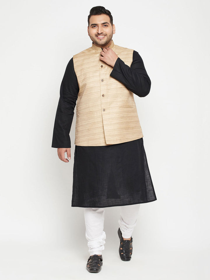 VASTRAMAY Men's Plus Size Black and Beige Cotton Blend Jacket Kurta Pyjama Set