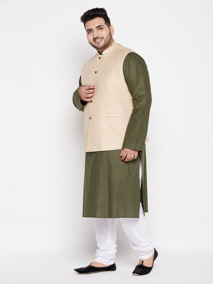 VASTRAMAY Men's Plus Size Beige Solid Jacket With Mint Green Solid Kurta And White Pyjama Set