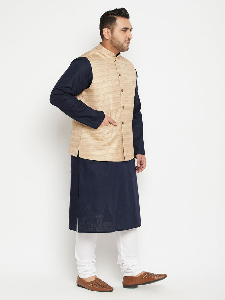 VASTRAMAY Men's Plus Size Navy Blue and Beige Cotton Blend Jacket Kurta Pyjama Set - Traditional Indian attire for men featuring a stylish jacket, kurta and pyjama in a comfortable cotton blend fabric