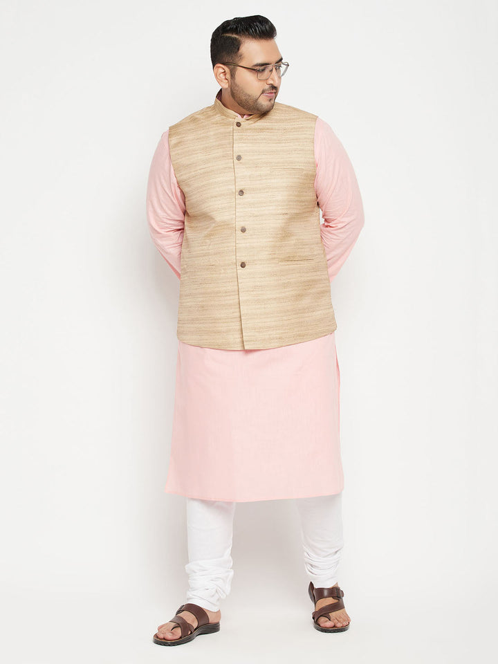 VASTRAMAY Men's Plus Size Pink Kurta And White Pyjama Set With Beige Nehru Jacket, traditional Indian outfit for special occasions