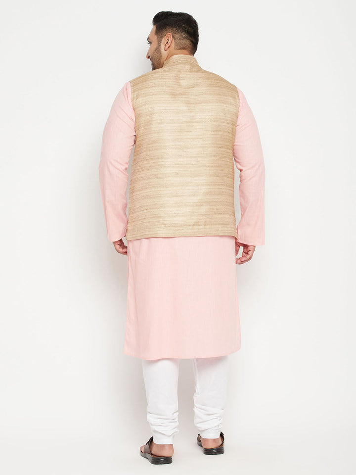 VASTRAMAY Men's Plus Size Pink Kurta And White Pyjama Set With Beige Nehru Jacket - Traditional Indian ethnic wear for men in larger sizes