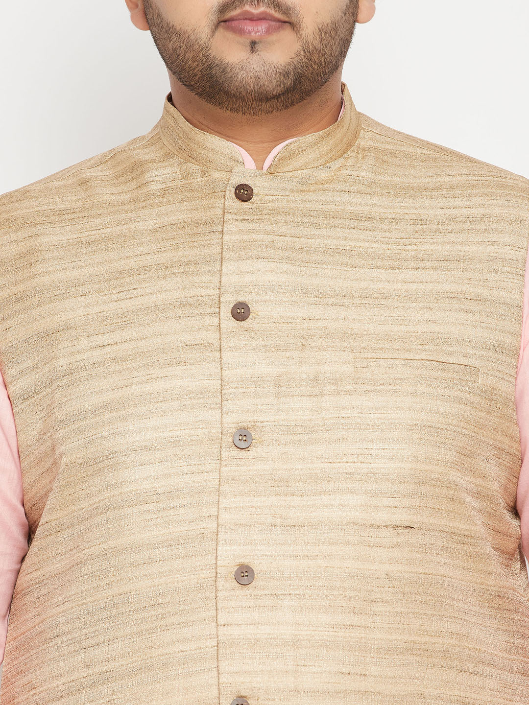 VASTRAMAY Men's Plus Size Pink Kurta And White Pyjama Set With Beige Nehru Jacket - Traditional Indian ethnic wear for men