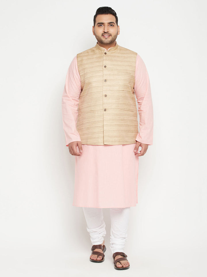 VASTRAMAY Men's Plus Size Pink Kurta And White Pyjama Set With Beige Nehru Jacket