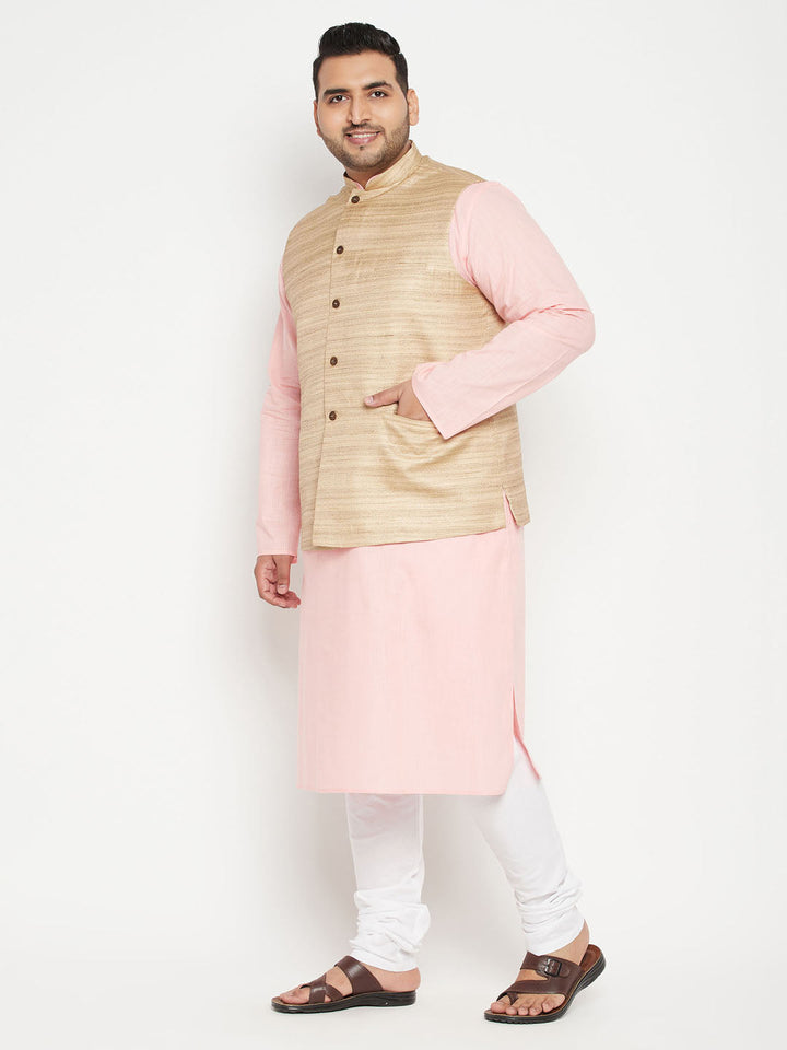 VASTRAMAY Men's Plus Size Pink Kurta And White Pyjama Set With Beige Nehru Jacket - Traditional Indian ethnic outfit for special occasions