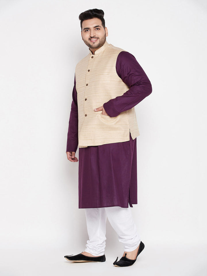 VASTRAMAY Men's Plus Size Beige Solid Jacket paired with a Purple Solid Kurta and White Pyjama Set, perfect for formal occasions and special events