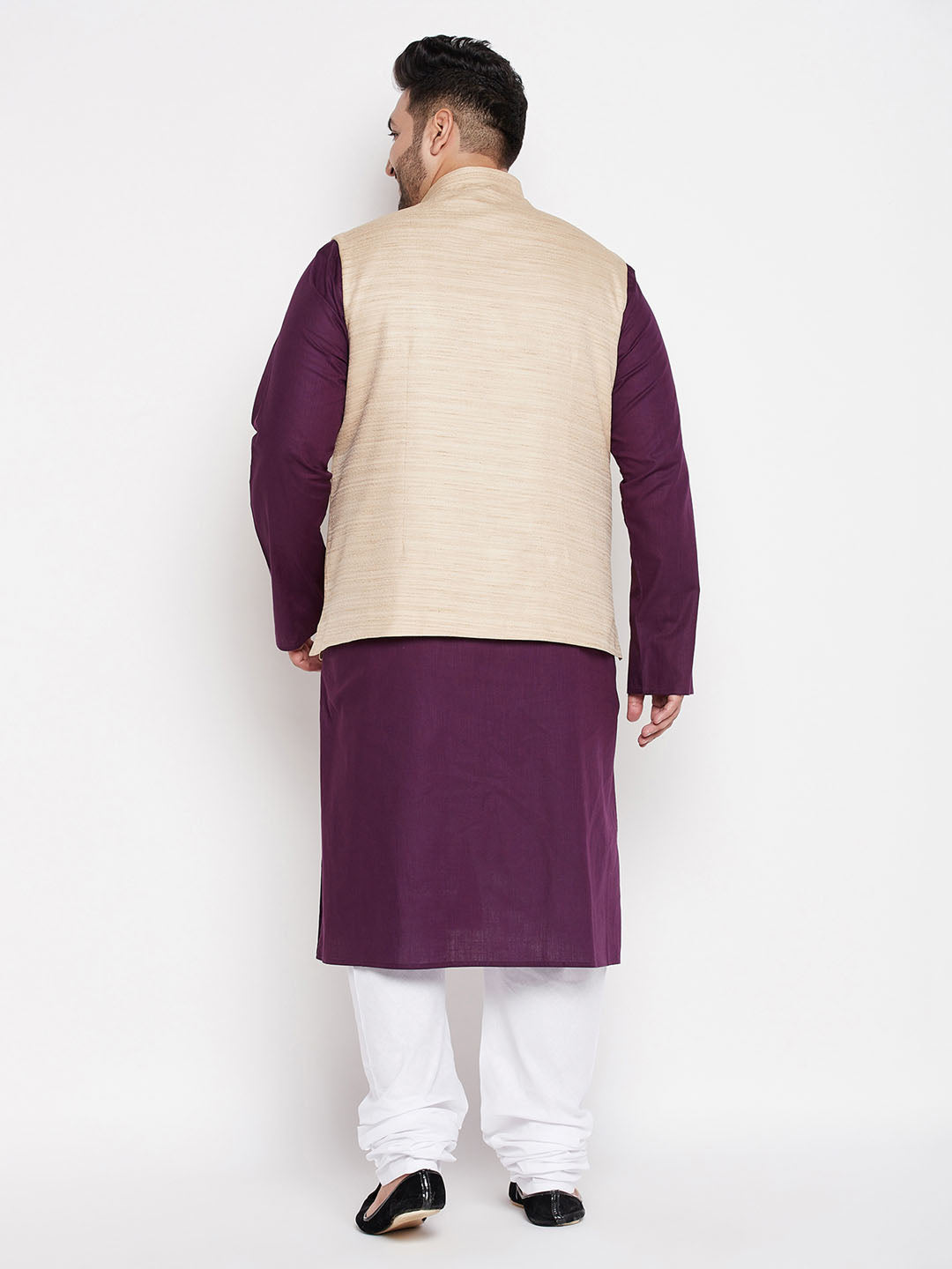 VASTRAMAY Men's Plus Size Beige Solid Jacket With Purple Solid Kurta And White Pyjama Set, perfect traditional outfit for formal occasions