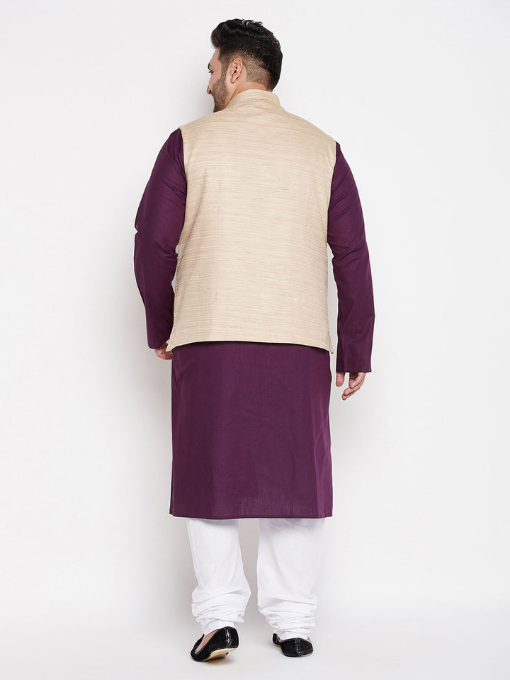 VASTRAMAY Men's Plus Size Beige Solid Jacket With Purple Solid Kurta And White Pyjama Set, perfect traditional outfit for formal occasions