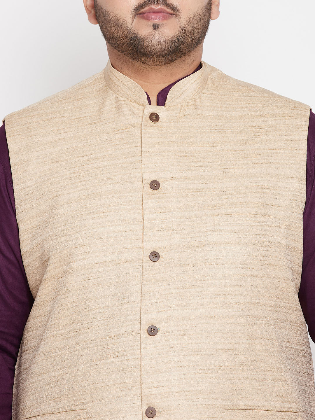 VASTRAMAY Men's Plus Size Beige Solid Jacket paired with Purple Solid Kurta and White Pyjama Set, perfect for formal occasions or casual outings