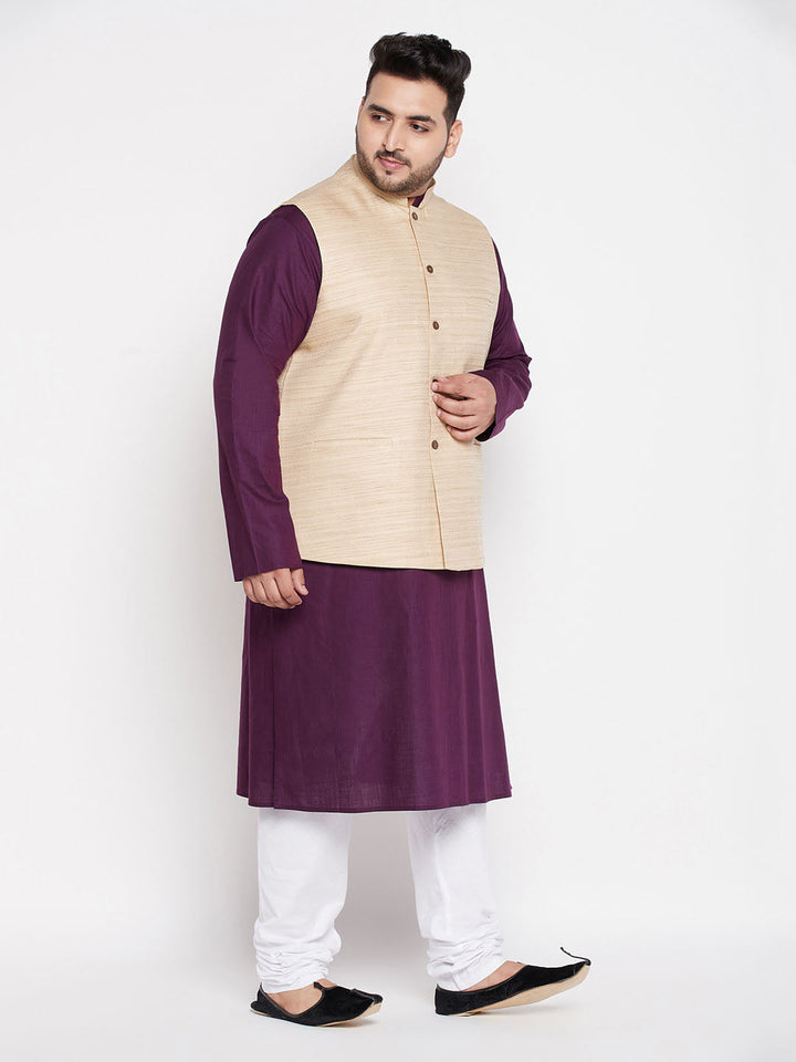 VASTRAMAY men's plus size beige solid jacket with purple solid kurta and white pyjama set side view