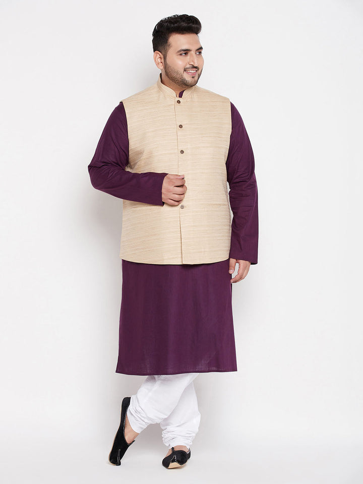 VASTRAMAY Men's Plus Size Beige Solid Jacket With Purple Solid Kurta And White Pyjama Set