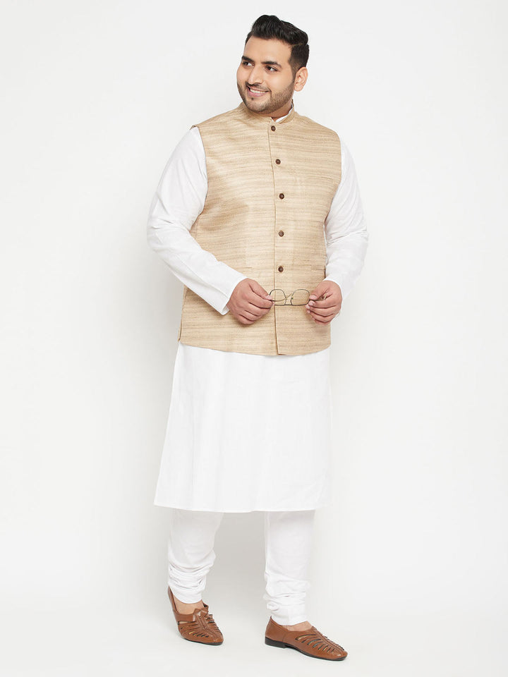 VASTRAMAY Men's Plus Size White and Beige Cotton Blend Jacket Kurta Pyjama Set