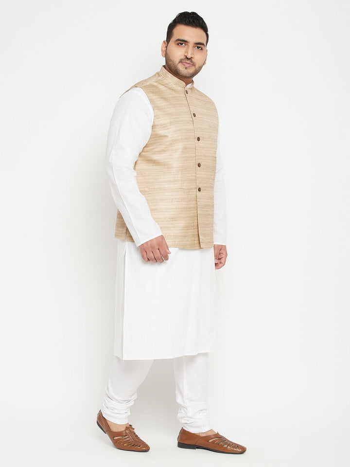 Front view of VASTRAMAY Men's Plus Size White and Beige Cotton Blend Jacket Kurta Pyjama Set on model