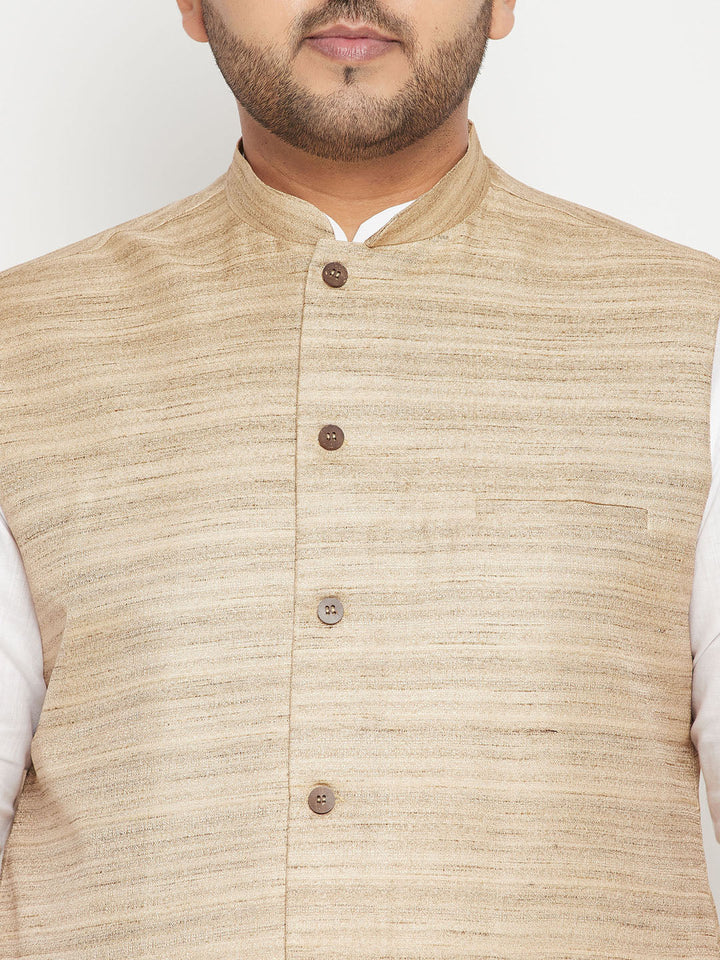  Elegant VASTRAMAY Men's Plus Size Beige Cotton Blend Jacket Kurta Pyjama Set with White Embroidery and Classic Ethnic Style