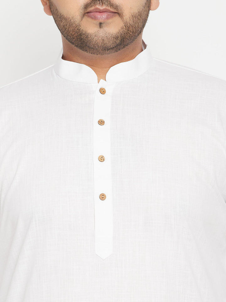  Back view of the VASTRAMAY Men's Plus Size White and Beige Cotton Blend Jacket Kurta Pyjama Set showcasing the elegant and comfortable fit