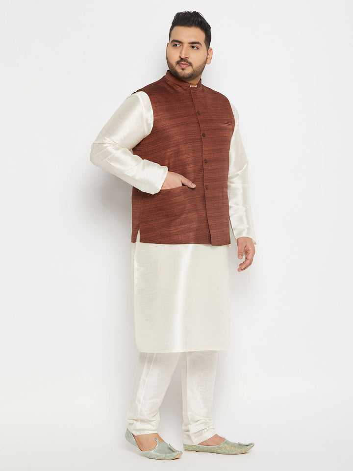 VASTRAMAY Men's Plus Size Coffee Matka Silk Nehru Jacket With Cream Silk Blend Kurta and Pant style Pyjama Set, stylish and comfortable traditional Indian outfit for men