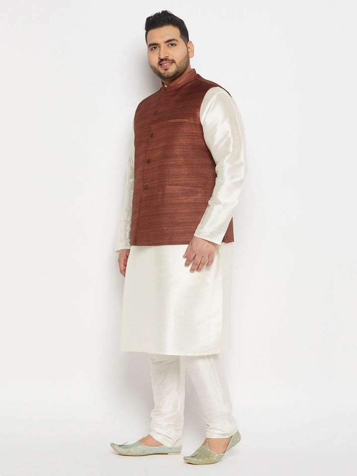  Handcrafted VASTRAMAY Men's Matka Silk Nehru Jacket Set with Mandarin Collar and Slim Fit Design 