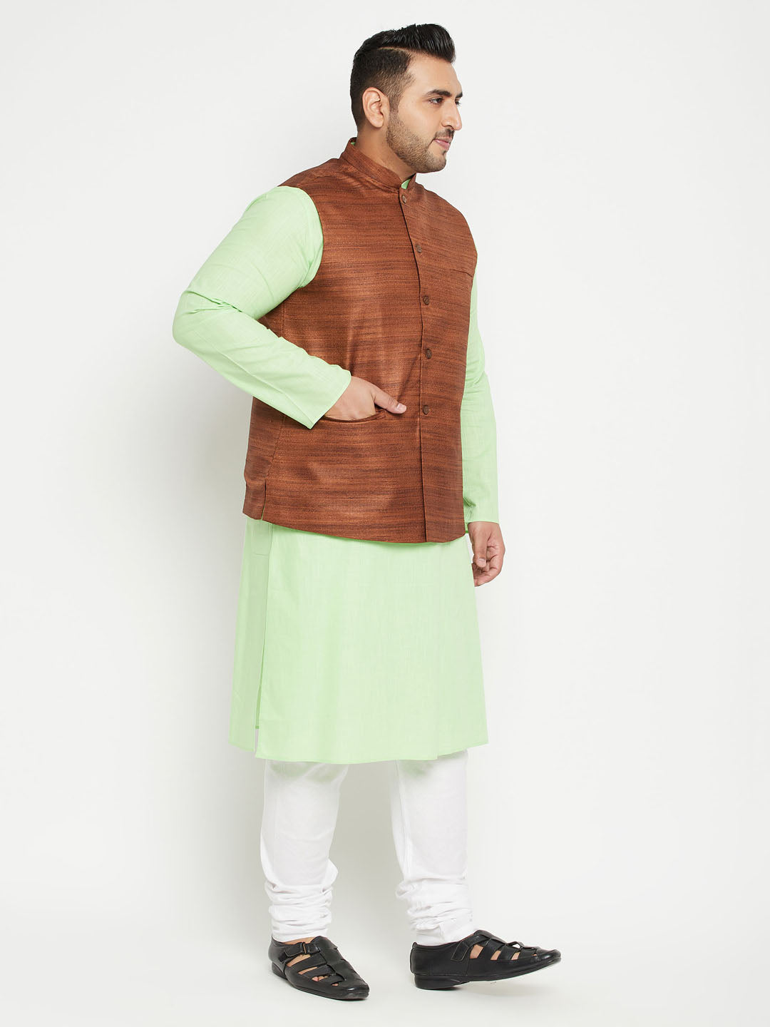 Elegant and comfortable Mint Green and Coffee Brown Cotton Blend Jacket Kurta Pyjama Set for men