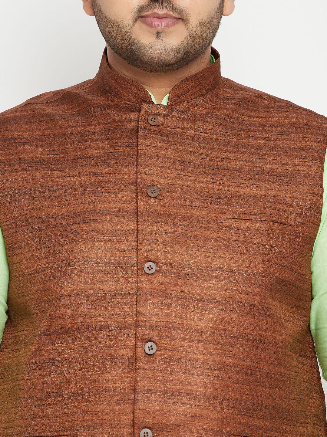 VASTRAMAY Men's Plus Size Mint Green and Coffee Brown Cotton Blend Jacket Kurta Pyjama Set