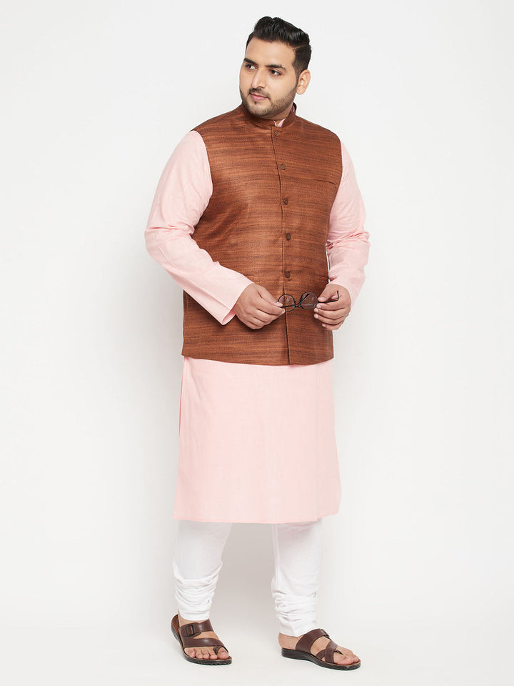 VASTRAMAY Men's Plus Size Pink and Coffee Brown Cotton Blend Jacket Kurta Pyjama Set