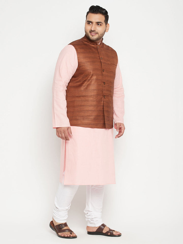 VASTRAMAY Men's Plus Size Pink and Coffee Brown Cotton Blend Jacket Kurta Pyjama Set