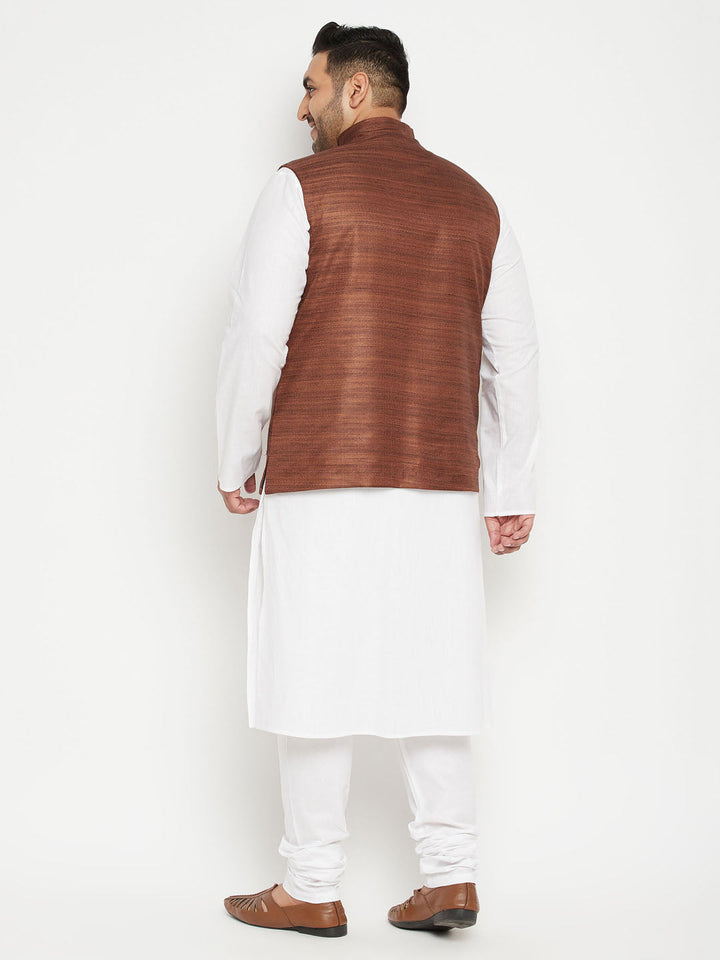  White and Coffee Brown Cotton Blend Jacket Kurta Pyjama Set with traditional Indian design and modern style