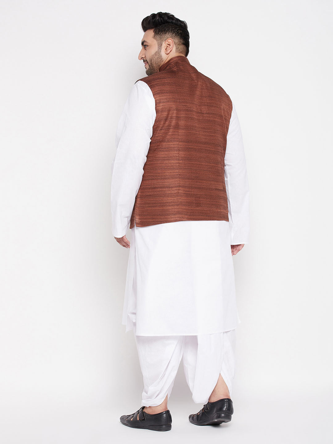 VASTRAMAY Men's Plus Size Coffee Cotton Blend Jacket With White Kurta And Dhoti Set, traditional Indian attire for men